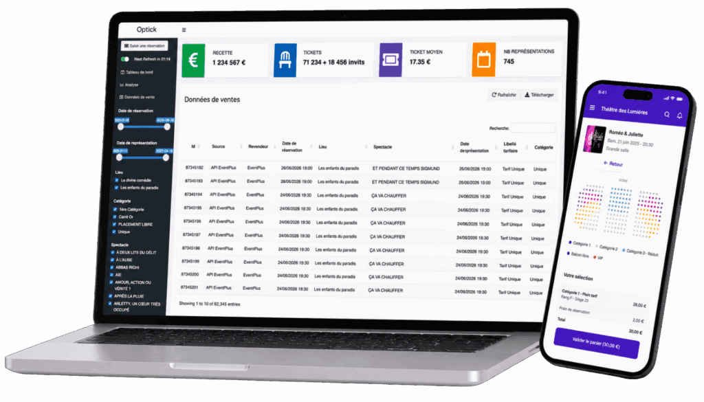 Interface Optick Billetterie sur laptop et mobile